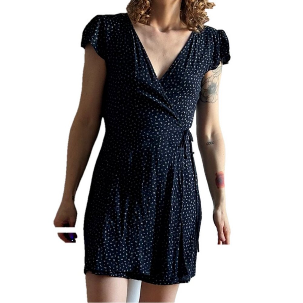 Brandy Melville Sz S Navy Blue Dainty Floral Cottagecore Mini Wrap Dress